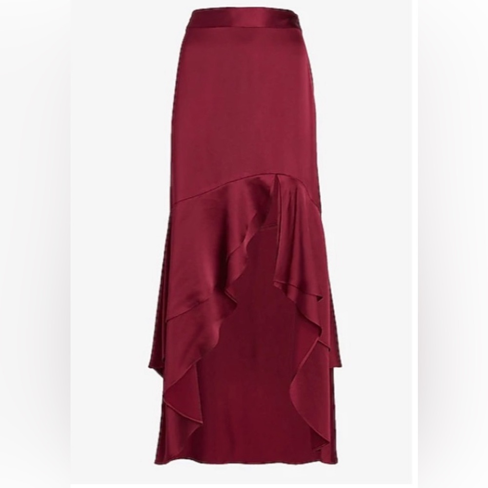 NWT Express High Waisted Satin Hi-Lo
Flounce Maxi Skirt size 6 burgundy